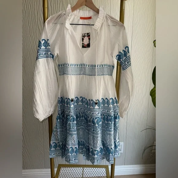 New OLIPHANT Balloon Long Sleeve Short Dress Santorini Blue & White Floral Print - Picture 2 of 10